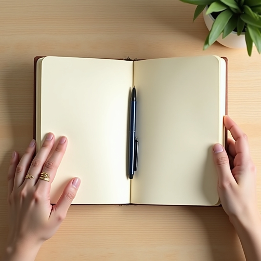 Close-up of hands gently opening a simple financial notebook on a clean wooden desk, first page blank and ready to fill