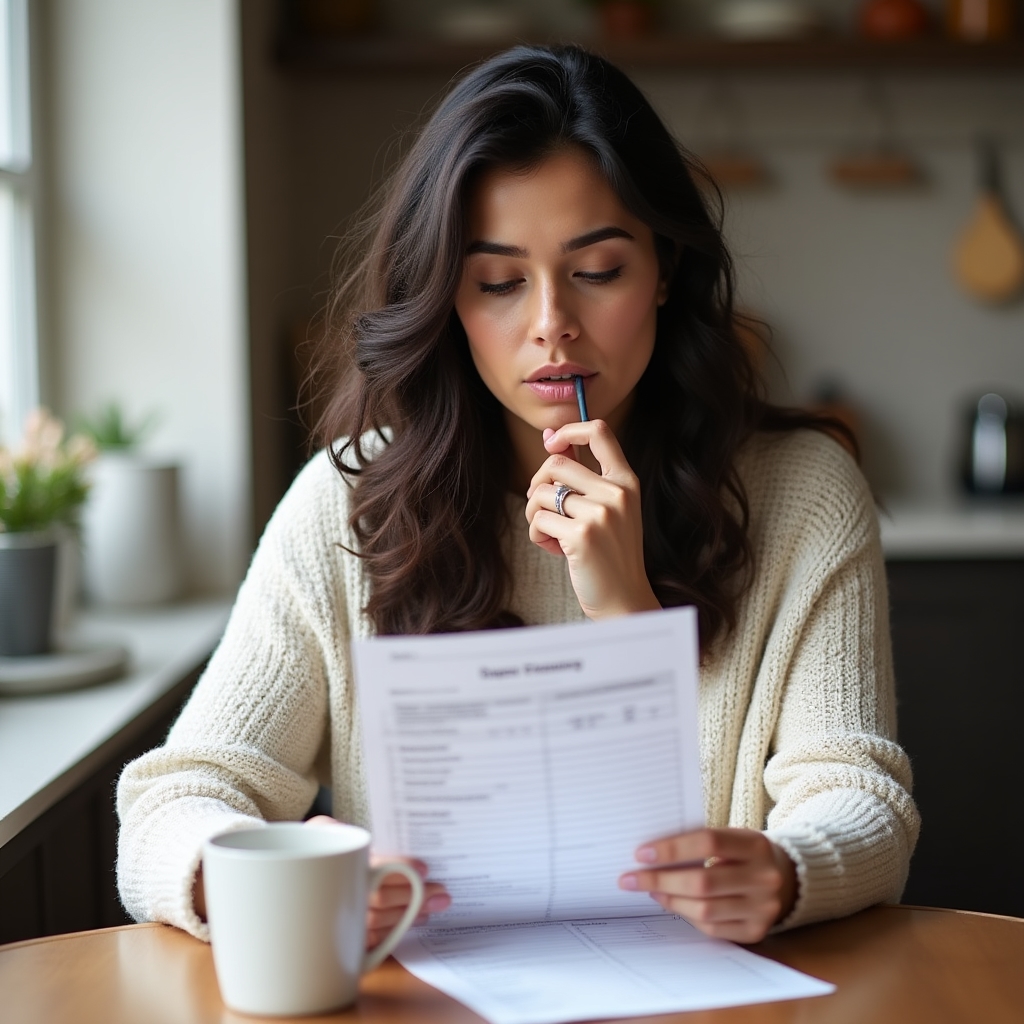 Young adult sitting at a kitchen table, thoughtfully reviewing a simple budget worksheet with a cup of tea nearby