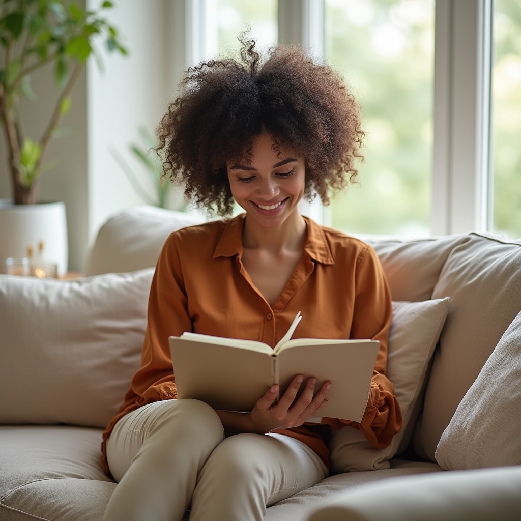 Person sitting in a bright calm room with a notebook and pen, looking relaxed and in control while reviewing personal finances