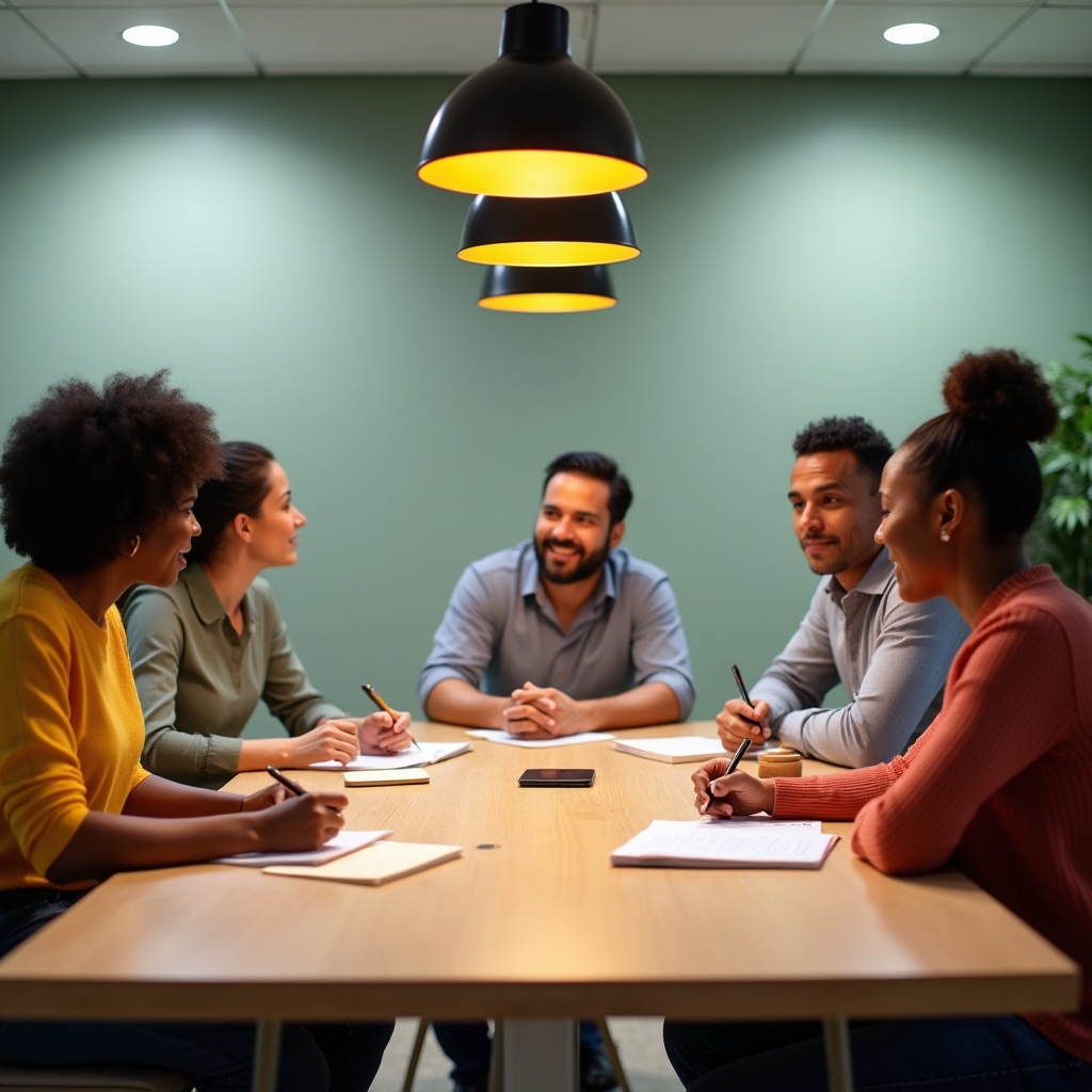 Small group of adults engaged in a financial habits workshop, taking notes and discussing at a modern table
