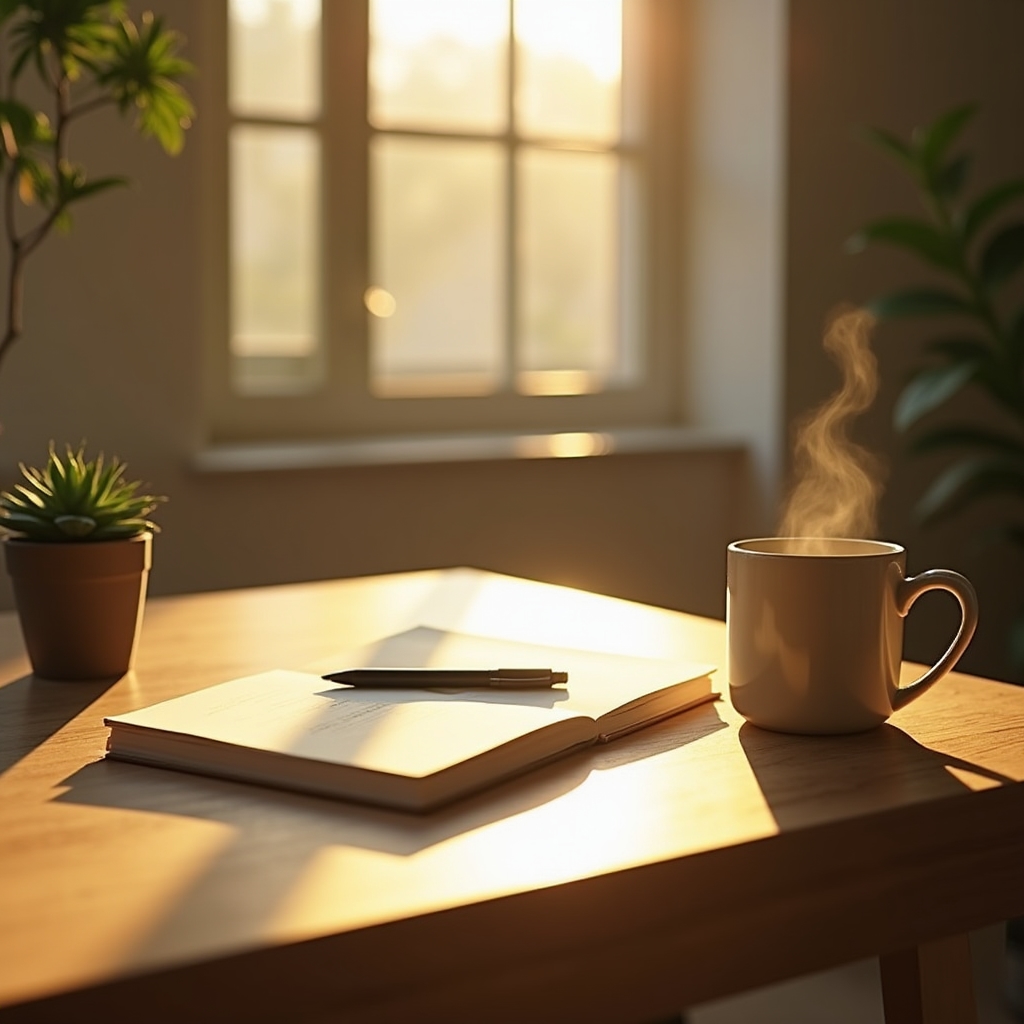 Calm morning desk setup with notebook and coffee for daily financial routine