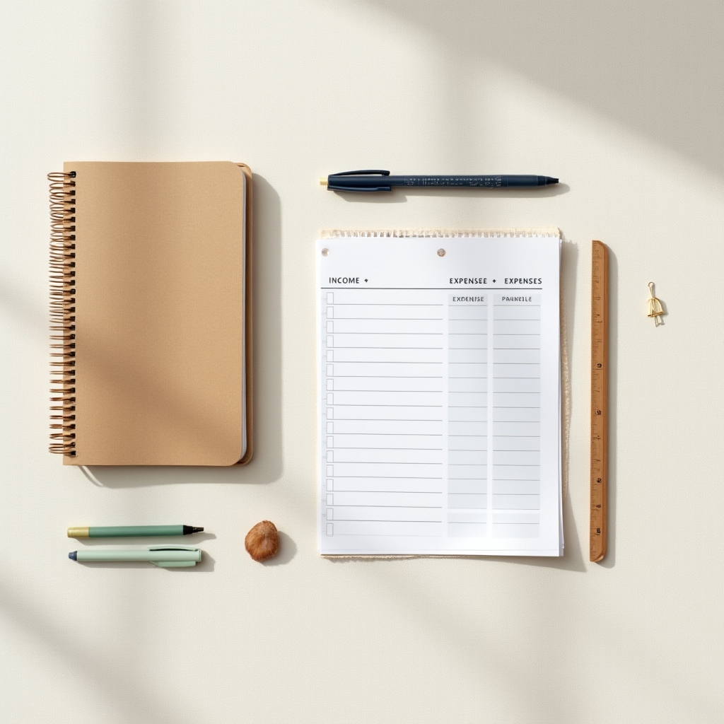 Simple financial planning tools including a notebook, pen, and basic tracker sheet on a desk