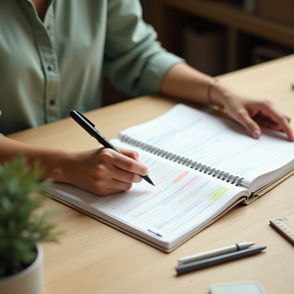 Person writing in a financial planner during a calm morning routine
